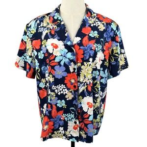 Alfred Dunner 18 Blouse Navy Floral Shoulder Pads Nautical Art to Wear Y2K EUC
